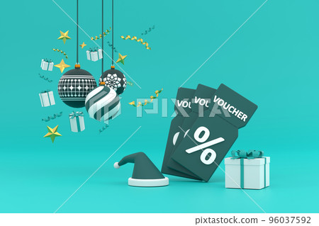 New Year's vouche with a percentage. With Christmas ball, gift box and ribbon New Year's vouche with a percentage. With Christmas ball, gift box and ribbon 96037592