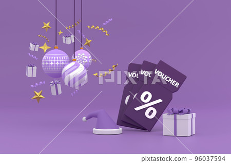 New Year's vouche with a percentage. With Christmas ball, gift box and ribbon New Year's vouche with a percentage. With Christmas ball, gift box and ribbon 96037594