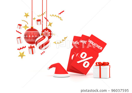 New Year's vouche with a percentage. With Christmas ball, gift box and ribbon New Year's vouche with a percentage. With Christmas ball, gift box and ribbon 96037595