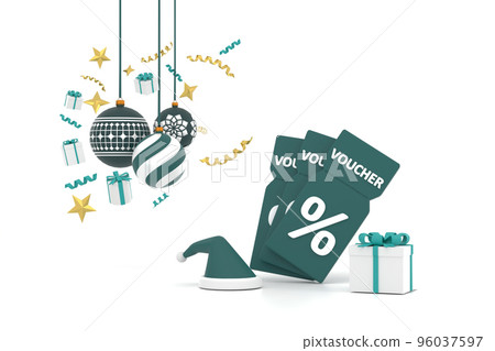 New Year's vouche with a percentage. With Christmas ball, gift box and ribbon New Year's vouche with a percentage. With Christmas ball, gift box and ribbon 96037597