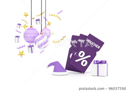 New Year's vouche with a percentage. With Christmas ball, gift box and ribbon New Year's vouche with a percentage. With Christmas ball, gift box and ribbon 96037598