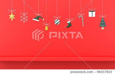 Merry Christmas and happy New Year. Christmas holiday decorations shelf. Merry Christmas and happy New Year. Christmas holiday decorations shelf. 96037603