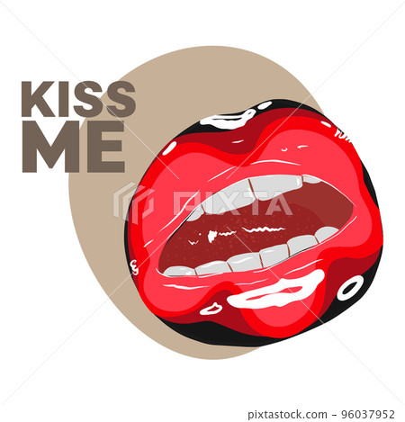 Romantic design, Kiss me, inscription, stylish card with painted lips, bright makeup Romantic design, Kiss me, inscription, stylish card with painted lips, bright makeup 96037952