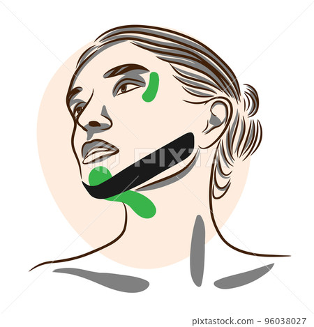 Self care, chin taping technique, kinesiology facial taping, vector Self care, chin taping technique, kinesiology facial taping, vector 96038027