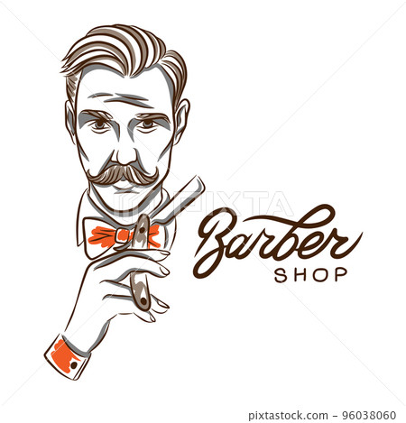 Barber shop, a man with a mustache holds a haircut accessory 96038060