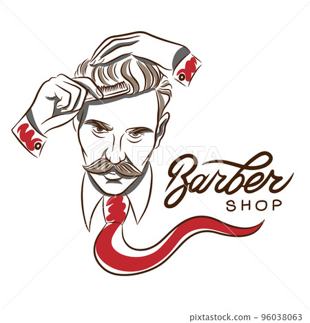 Barber shop, handsome man with mustache combing his hair, beauty salon decoration 96038063