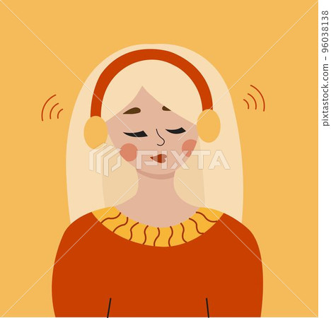 Vintage retro style illustration of a woman in asmr earphones meditating and listening music. 96038138
