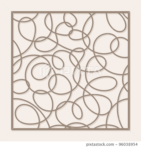 Square panel with pattern of chaotic lines. Abstract geometric ornament from loops, waves, swirls. Template for plotter laser cutting of paper, metal engraving, wood carving, cnc. Vector illustration. 96038954