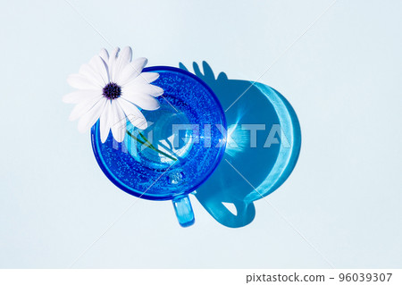 A blue glass of water and flower with sharp strong shadow on blue background A blue glass of water and flower with sharp strong shadow on blue background 96039307