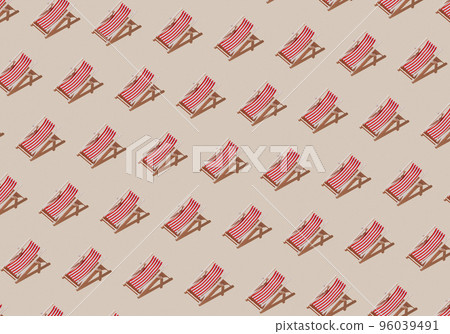 Vacation, beach, travel or relaxation concept. Beige background flat lay as symbol of sand with mini sun lounger for beach chair. Minimalism with copy space area for text, wooden red-white lounge 96039491