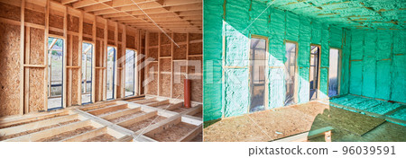 Photo collage before and after thermal insulation room in wooden frame house in Scandinavian style barnhouse. Comparison of walls sprayed by polyurethane foam. Construction and insulation concept. Photo collage before and after thermal insulation room in wooden frame house in Scandinavian style barnhouse. Comparison of walls sprayed by polyurethane foam. Construction and insulation concept. 96039591