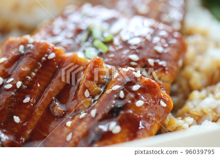 Japanese food eel grilled with rice Unagi don in close up 96039795