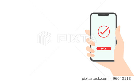 一個人的手拿著帶有復選標記和字符 PAY 的智能手機 — 智能手機支付/支付的圖像 一個人的手拿著帶有復選標記和字符 PAY 的智能手機 — 智能手機支付/支付的圖像 96040118