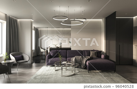 Lounge and double space living room with kitchen. Interior design and mock up wall background. 3d rendering interior design scene. 96040528