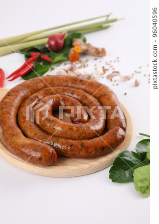 Local Northern Thai food , Northern Thai spicy sausage street food isolated in white background 96040596