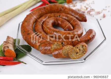 Local Northern Thai food , Northern Thai spicy sausage street food isolated in white background Local Northern Thai food , Northern Thai spicy sausage street food isolated in white background 96040687