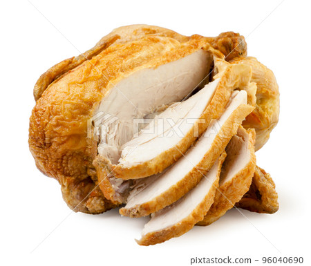 Roasted turkey cut into pieces on a white background. Isolated 96040690