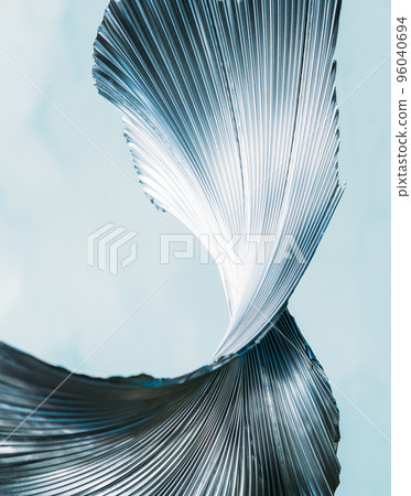 Art decor. Monochrome wallpaper. Corrugated steel. Blue gray white color light curved ribbed texture metal sheet futuristic abstract illustration background. Art decor. Monochrome wallpaper. Corrugated steel. Blue gray white color light curved ribbed texture metal sheet futuristic abstract illustration background. 96040694