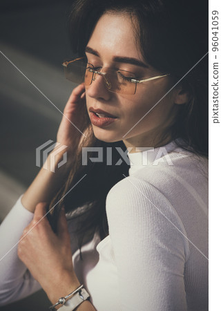 Photo of cheerful glad nice woman wear white blause and sunglass 96041059