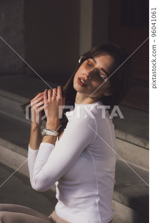 Photo of cheerful glad nice woman wear white blause and sunglass 96041061