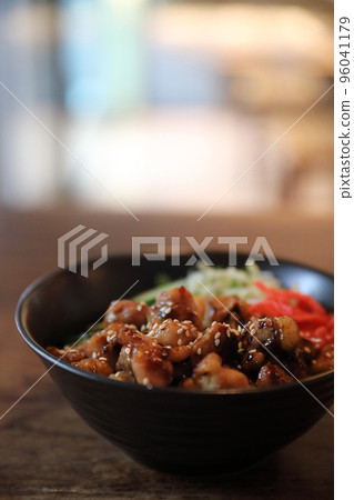 japanese food Chicken teriyaki with rice on wood background japanese food Chicken teriyaki with rice on wood background 96041179