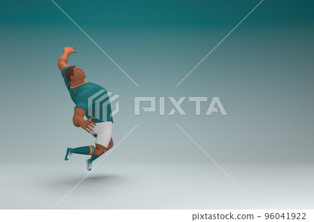 An athlete wearing a green shirt and white pants is jumping. 3d rendering of cartoon character in acting. An athlete wearing a green shirt and white pants is jumping. 3d rendering of cartoon character in acting. 96041922