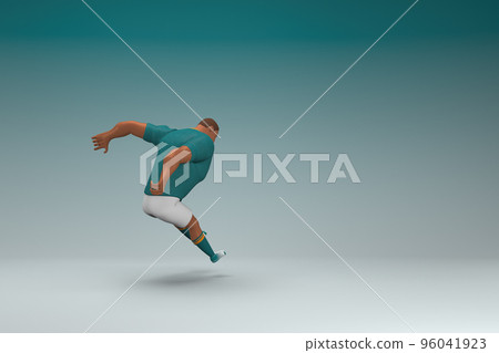An athlete wearing a green shirt and white pants is jumping. 3d rendering of cartoon character in acting. An athlete wearing a green shirt and white pants is jumping. 3d rendering of cartoon character in acting. 96041923