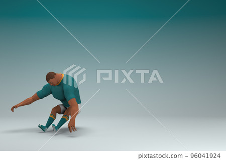 An athlete wearing a green shirt and white pants is jumping. 3d rendering of cartoon character in acting. 96041924