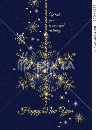 Greeting card design with hanging snowflake, text, stars. Elements are made of golden and silver jewelry chains. Inscription Happy New Year. Shiny sprakle stars on deep blue textured background Greeting card design with hanging snowflake, text, stars. Elements are made of golden and silver jewelry chains. Inscription Happy New Year. Shiny sprakle stars on deep blue textured background 96041925