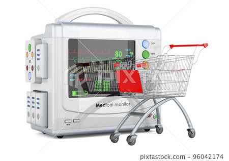Shopping cart with medical monitor. 3D rendering Shopping cart with medical monitor. 3D rendering 96042174