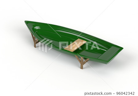 A green plastic fishing boat with a bench that stands on supports on a white background. 3d rendering 96042342
