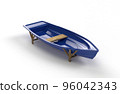 A blue plastic fishing boat with a bench that stands on supports on a white background. 3d rendering 96042343