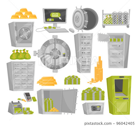 Set of metal lockers, bank safe boxes. Closed secure strongboxes for gold and money storage. Steel vaults for individual usage in underground or basement storage cartoon vector 96042405