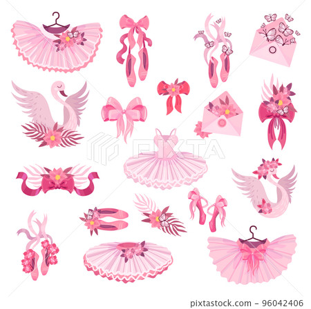 Pink Ballet Accessories with Tutu Skirt and Pointe Shoes Big Vector Set Pink Ballet Accessories with Tutu Skirt and Pointe Shoes Big Vector Set 96042406