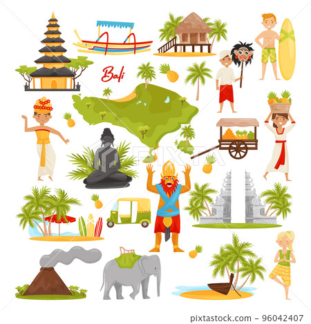 Bali symbols and famous landmarks set. Indonesia attractions cartoon vector 96042407