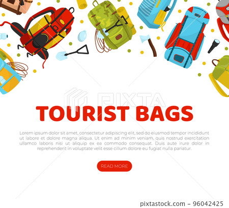Tourist backpack landing page template. Travel bags homepage, web banner cartoon vector Tourist backpack landing page template. Travel bags homepage, web banner cartoon vector 96042425