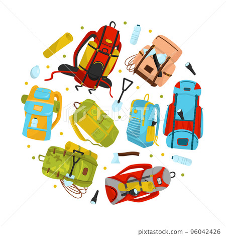 Tourist backpacks of circular shape. Bags for traveling backdrop, packaging, banner, poster desgn cartoon vector 96042426