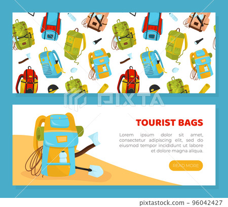 Tourist backpack horizontal web banner set. Bags for traveling special offer, promotional banner, leaflet, backpack seamless pattern cartoon vector Tourist backpack horizontal web banner set. Bags for traveling special offer, promotional banner, leaflet, backpack seamless pattern cartoon vector 96042427