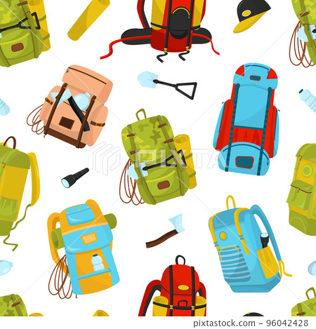 Tourist backpack seamless pattern. Bags for traveling repeating print for backdrop, wallpaper, packaging, textile cartoon vector 96042428