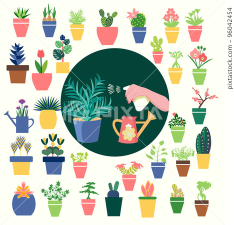 houseplants  icons and Hand holding Spray Bottle 96042454