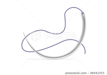 Surgical needle with attached suture material. Cartoon style. Vector illustration isolated on white background. 96042455