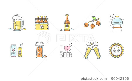 Beer icons set - pack of beer bottles, mug o beer, hop cones, i love beer sign, dark beer glass, can, bbq grill brazier, two glasses cheers. Modern vector stickers signs collection. 96042506