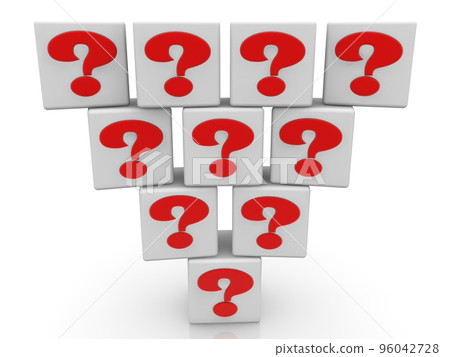 Red question marks on white toy blocks in the form of a two-sided pyramid Red question marks on white toy blocks in the form of a two-sided pyramid 96042728