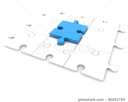 The blue puzzle piece in the center between the white puzzle pieces The blue puzzle piece in the center between the white puzzle pieces 96042784