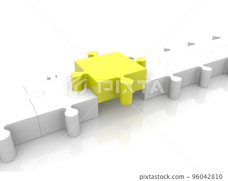 A yellow puzzle piece in a row between white puzzle pieces A yellow puzzle piece in a row between white puzzle pieces 96042810