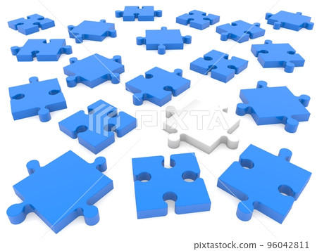 White puzzle piece between blue puzzle pieces on white White puzzle piece between blue puzzle pieces on white 96042811