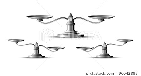 Silver scales. Bowls of scales in balance. Libra icon. Silver scales. Bowls of scales in balance. Libra icon. 96042885