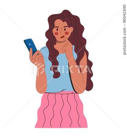 A young beautiful woman looks into a smartphone with a thoughtful face. In a blue blouse and a pink skirt. Vector illustration flat isolated white background A young beautiful woman looks into a smartphone with a thoughtful face. In a blue blouse and a pink skirt. Vector illustration flat isolated white background 96042890