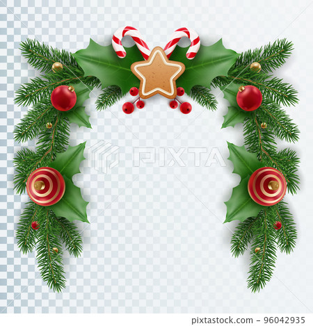 Christmas garland of tree branches, berries, candy canes and christmas balls. Realistic looking Christmas decor in the form of a rectangular frame 96042935