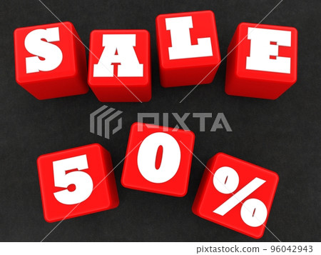 Red toy cubes with 50% discount on asphalt background Red toy cubes with 50% discount on asphalt background 96042943